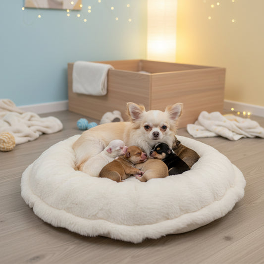 ZUMiE Bodenkissen ist ein handgefertigtes Hundebett mit einem Durchmesser von 75cm für kleine Hunderassen wie Chihuahua, Yorkshire und auch Hundemama mit ihren Welpen. Ein flacher Rand der gerne zur Ablage des Kopfes genutzt wird.