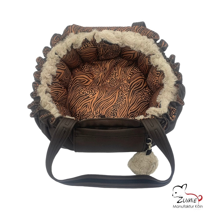Hundetasche 3 in1 - Körbchen, Bodendecke & Tasche- kleine Hunde bis 3,5kg, Farbe Braun