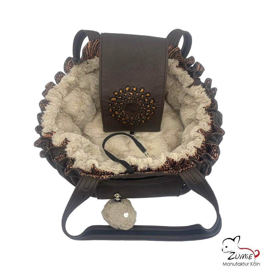 Hundetasche 3 in1 - Körbchen, Bodendecke & Tasche- kleine Hunde bis 3,5kg, Farbe Braun