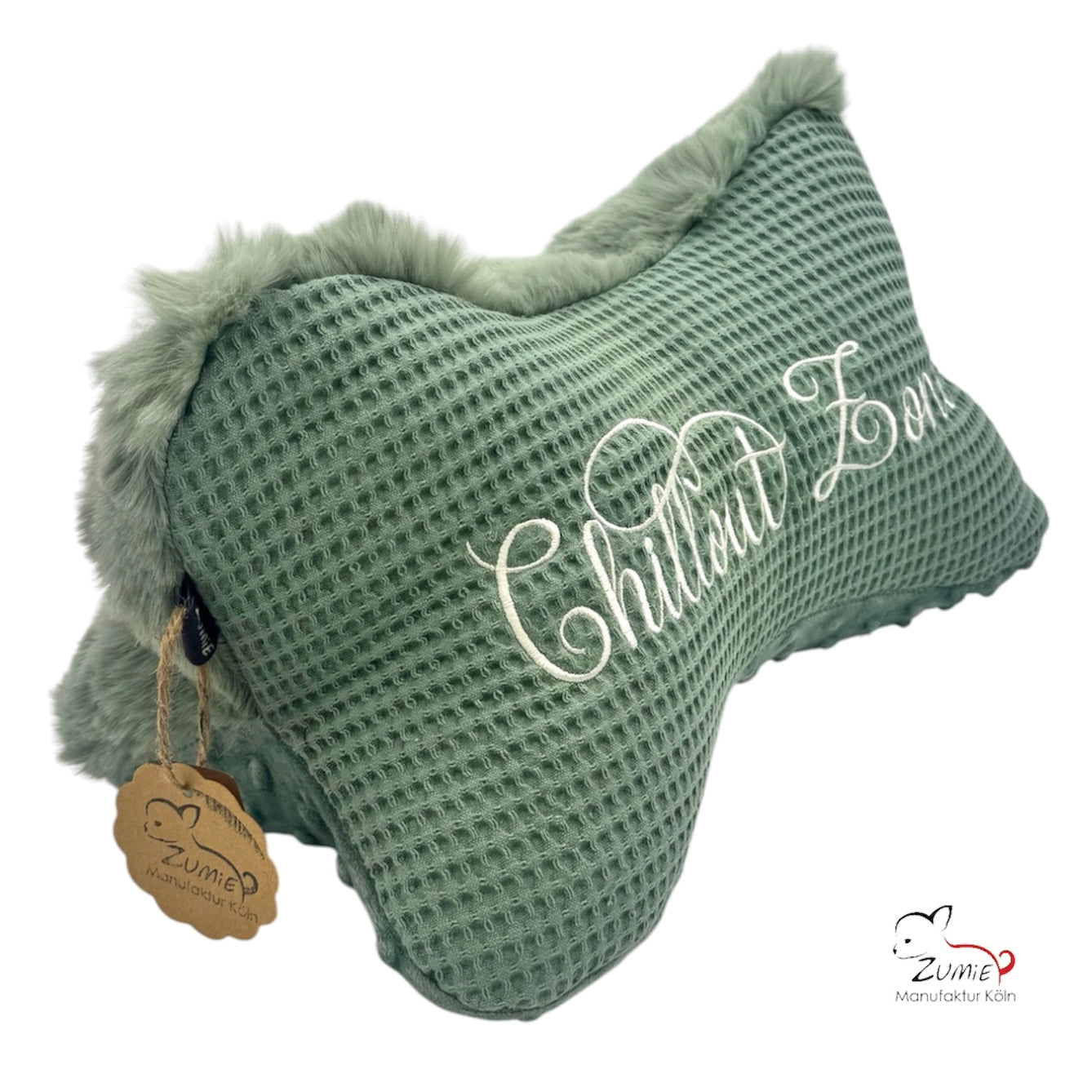 ZUMiE Leseknochen Kollektion Pompeux, Bestickung "Chillout Zone", Farbe Dusty Salbei