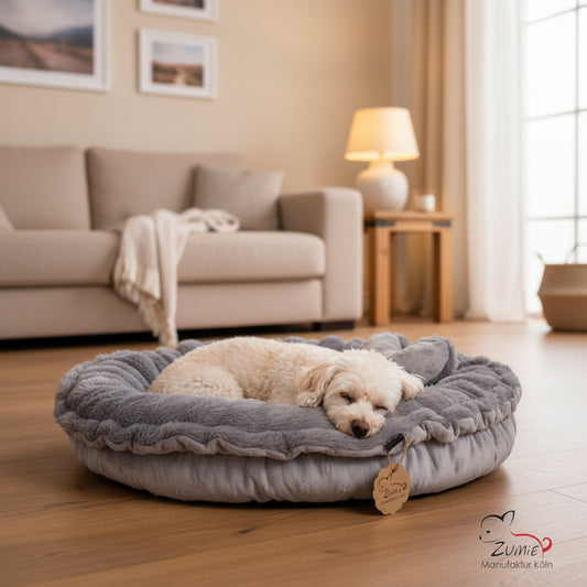 Hundebett Handarbeit grau ZUMiE Köln zwerpudel Katze Chihuahua Grösse M